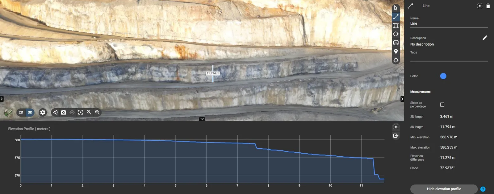 An elevation profile drawn across a bench face, showing a drop of just over eleven metres.