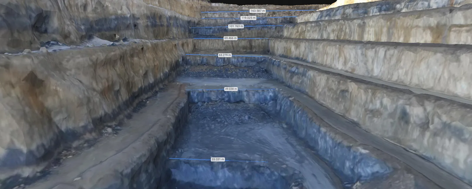 A 3D model of an open pit with the height of each bench labelled in metres.